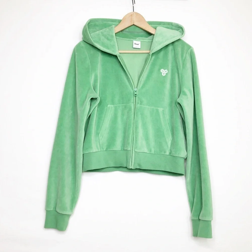 TNA Green velour zip front hoodie